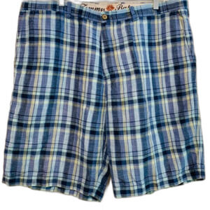 Tommy Bahama Paradise Nation blue plaid linen tencel shorts size 40